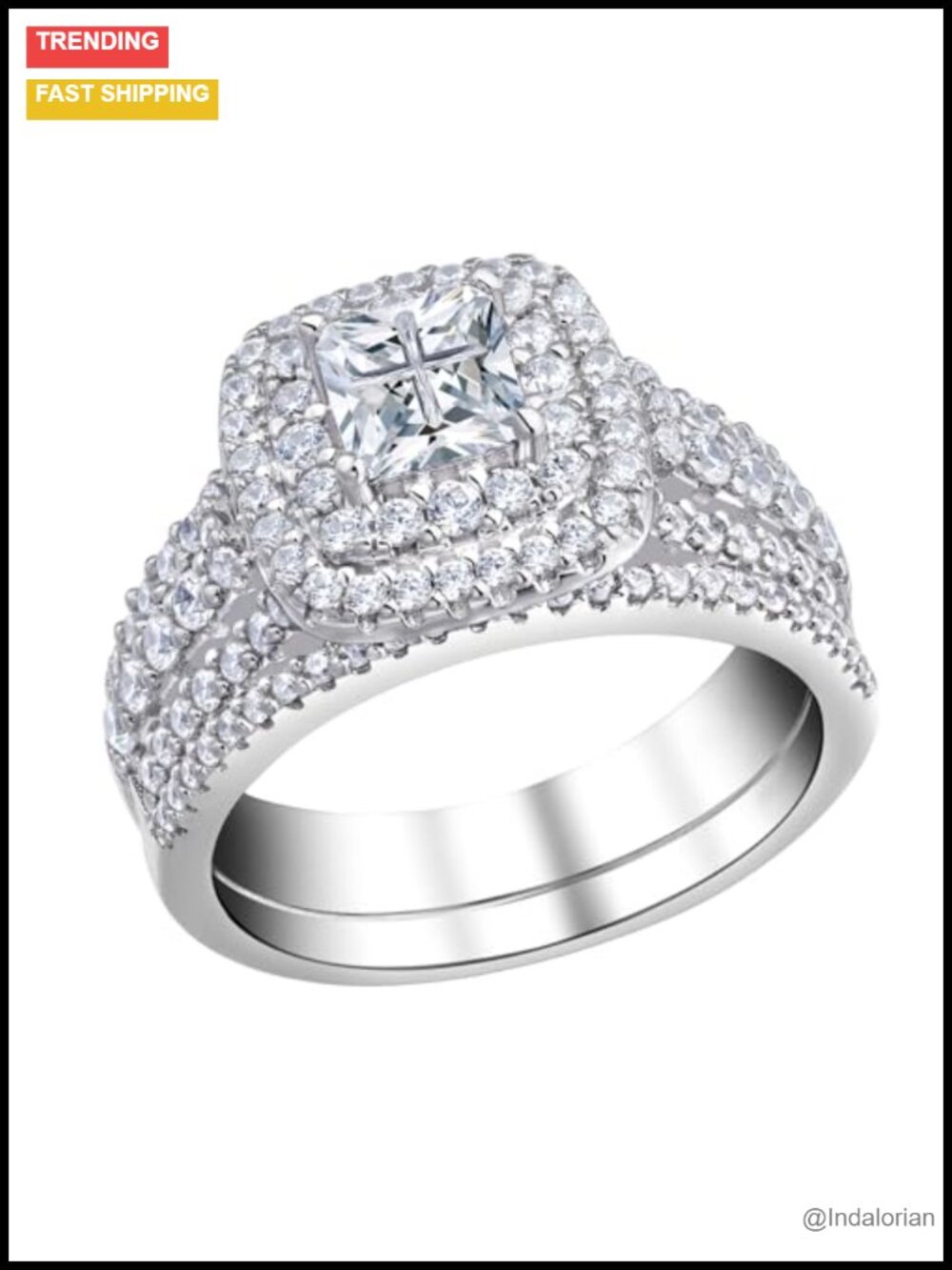 Princess Cut Cubic Zirconia Bridal Ring Set Rhodium Plated Engagement Wedding